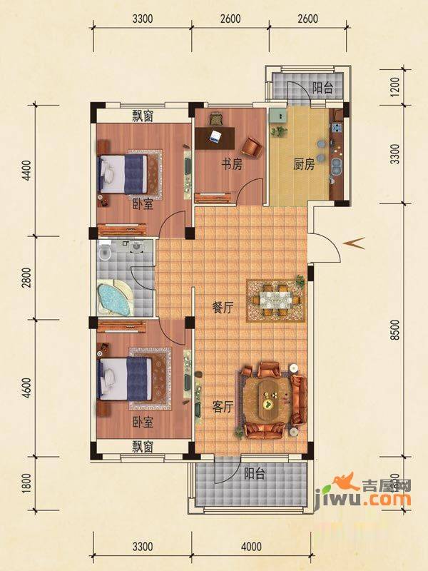 澳海西湖印象3室2厅1卫103㎡户型图