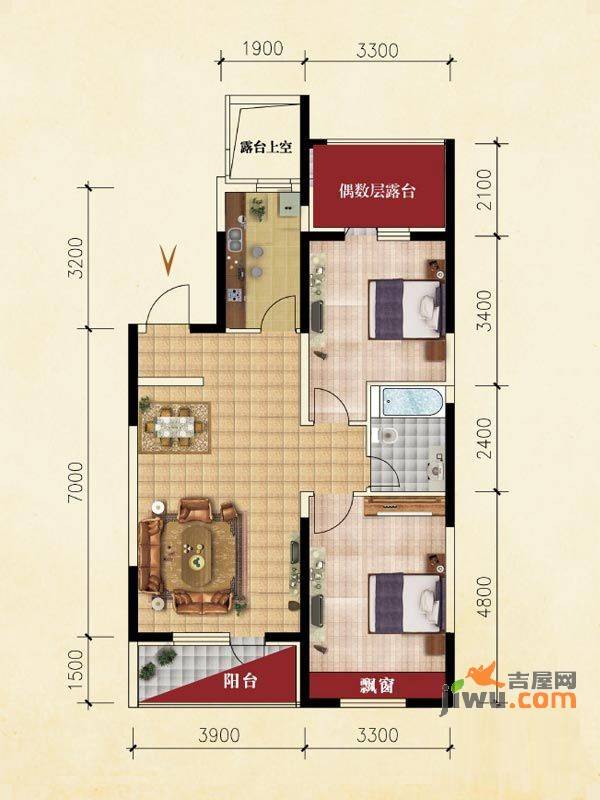 澳海西湖印象2室2厅1卫88㎡户型图