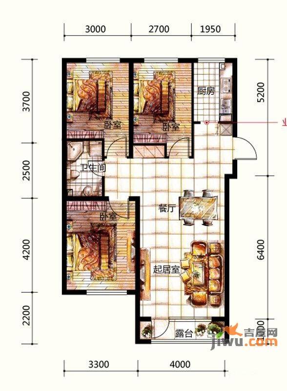 苏堤春晓3室2厅1卫109㎡户型图