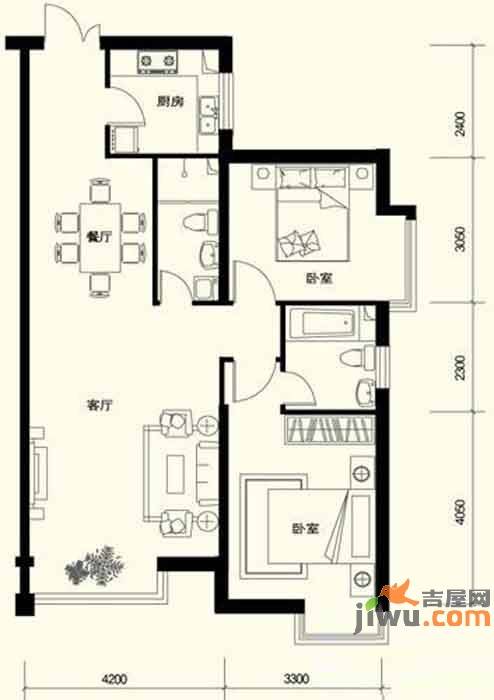 伊湾尊府2室2厅2卫105.4㎡户型图