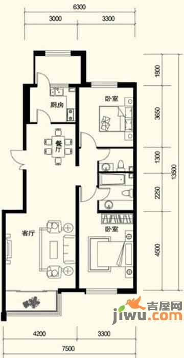 伊湾尊府2室2厅1卫107㎡户型图