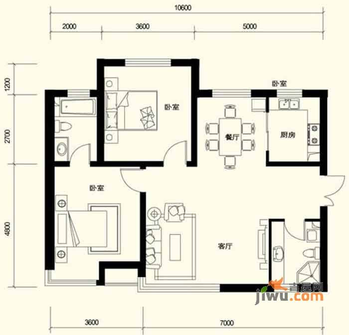 伊湾尊府2室2厅2卫107㎡户型图