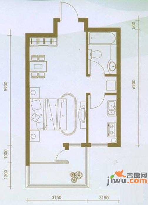 龙腾碧玉湾1室1厅1卫42.2㎡户型图