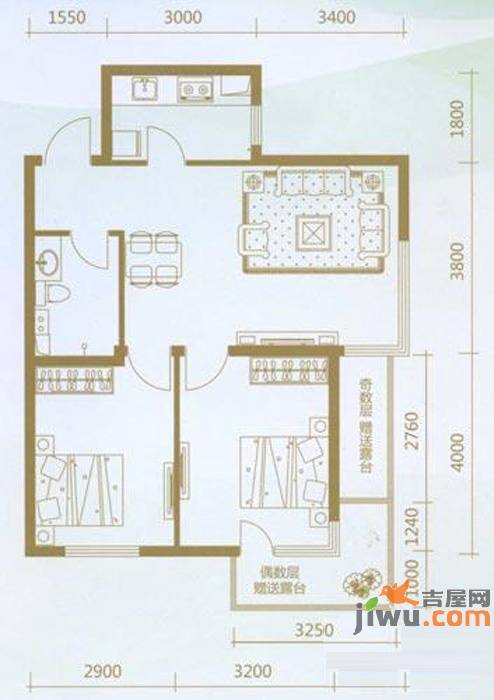 龙腾碧玉湾2室2厅1卫58.1㎡户型图