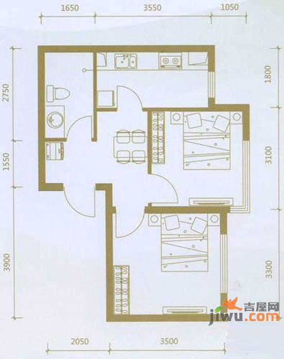 龙腾碧玉湾2室1厅1卫52.9㎡户型图