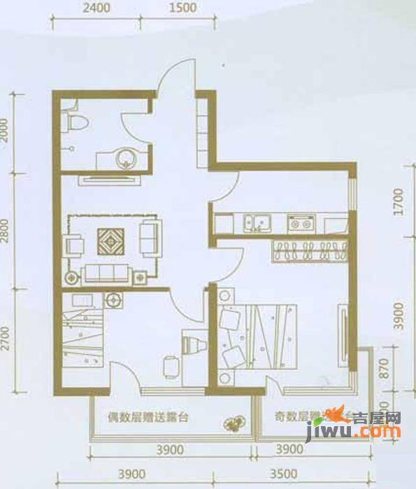 龙腾碧玉湾2室1厅1卫52.9㎡户型图