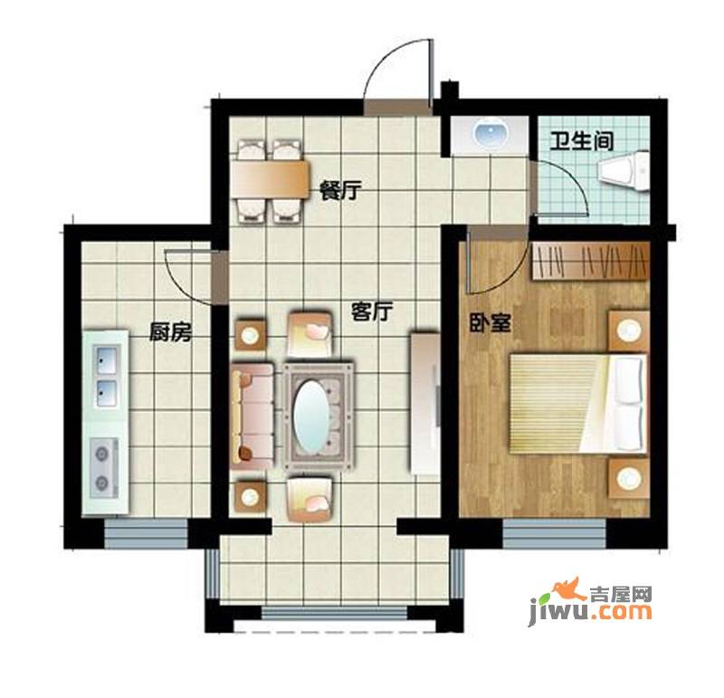 新水湾河畔花园1室2厅1卫58㎡户型图