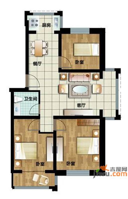 新水湾河畔花园3室2厅1卫93.6㎡户型图