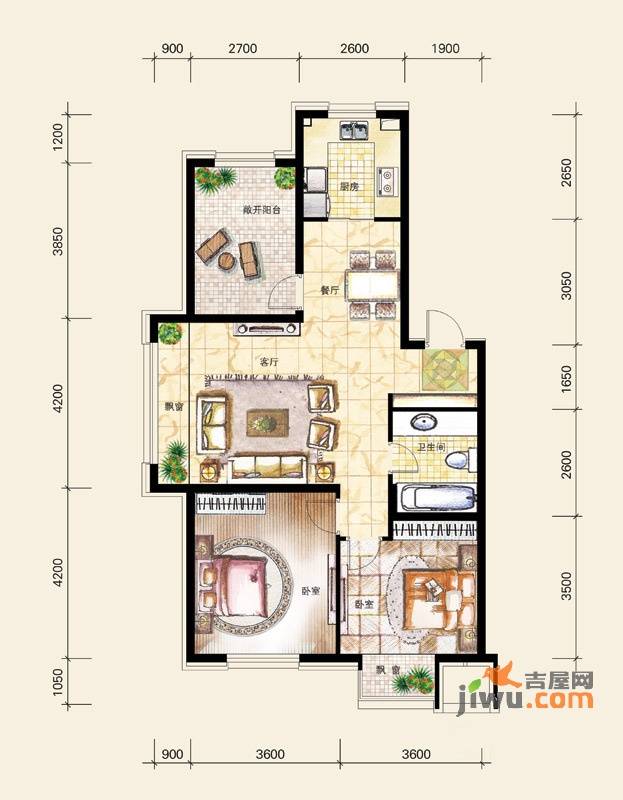 金地滨河国际社区2室2厅1卫107㎡户型图