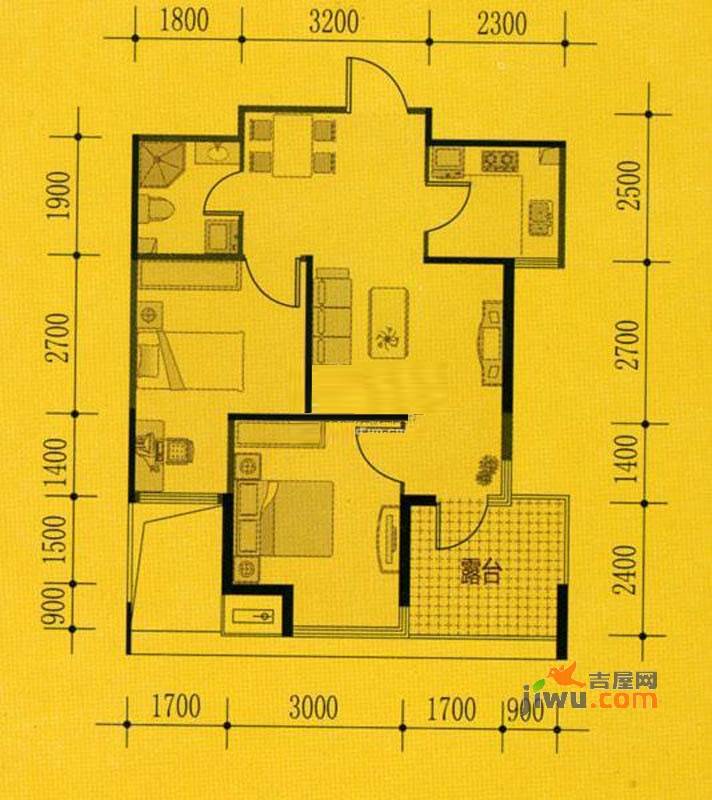 宏发三千院2室1厅1卫54.8㎡户型图