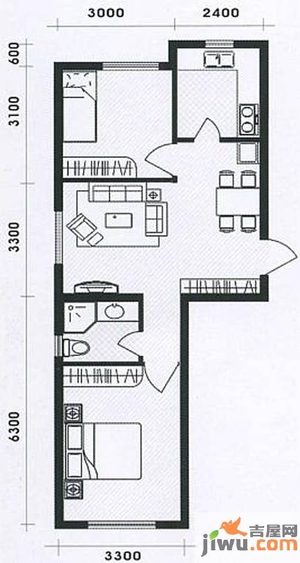 漾日华庭2室2厅1卫73.1㎡户型图