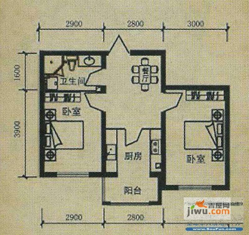 璟悦香湾2室1厅1卫56.4㎡户型图