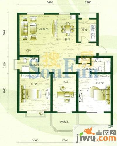 万熹绿景3室2厅2卫142㎡户型图