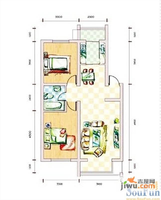 塞纳家园2室2厅1卫90.1㎡户型图