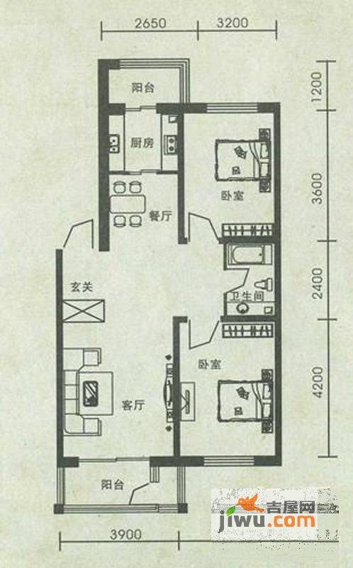 富禹依云北郡2室2厅1卫90㎡户型图