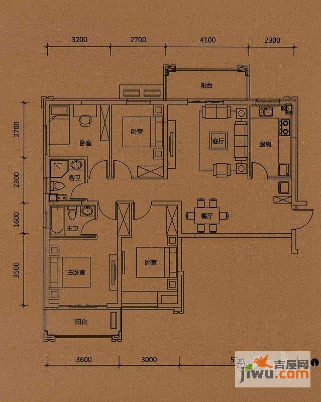 华强城4室2厅2卫128.3㎡户型图