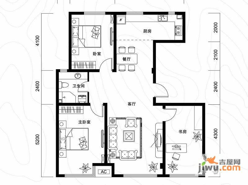 千缘爱语城3室2厅1卫113㎡户型图