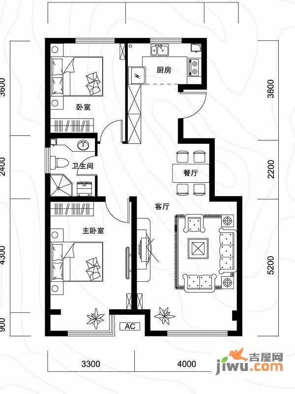 千缘爱语城2室2厅1卫88㎡户型图