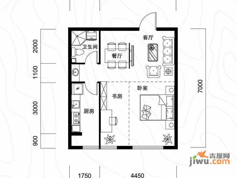 千缘爱语城1室2厅1卫49㎡户型图