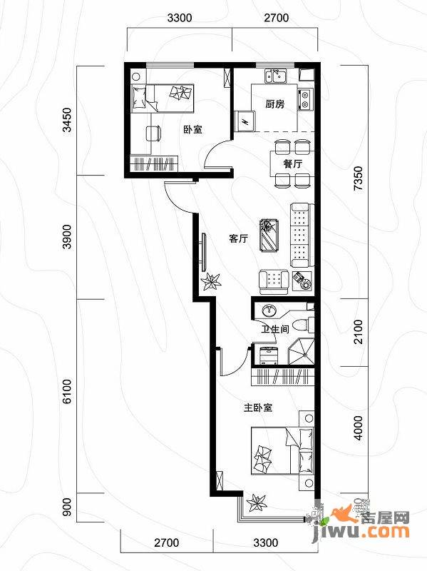 千缘爱语城2室2厅1卫73㎡户型图