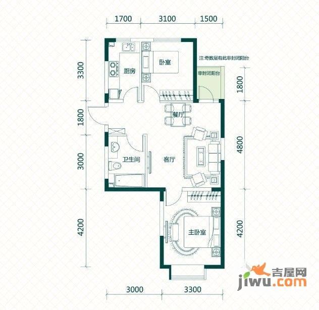 LOHAS上院7号公寓2室1厅1卫82.3㎡户型图