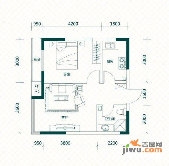 LOHAS上院7号公寓1室1厅1卫53.5㎡户型图