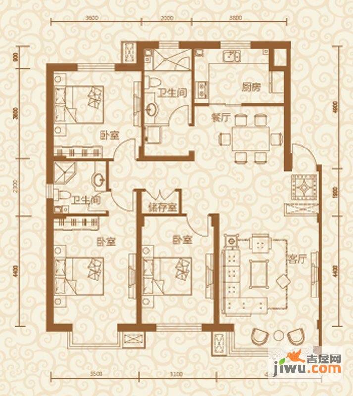 五彩上筑汇锦3室2厅2卫129㎡户型图