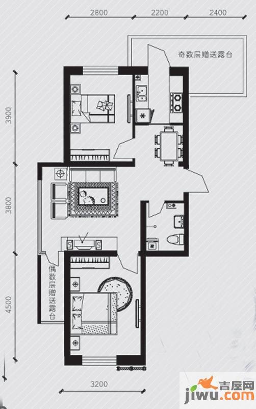 廊桥国际2室2厅1卫70.8㎡户型图