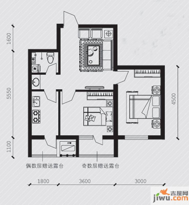 廊桥国际2室1厅1卫60.2㎡户型图