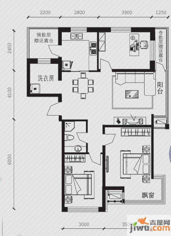 廊桥国际3室2厅1卫109.6㎡户型图