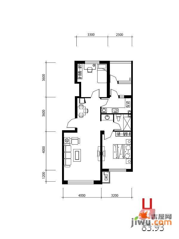 西城逸景2室2厅1卫88.1㎡户型图