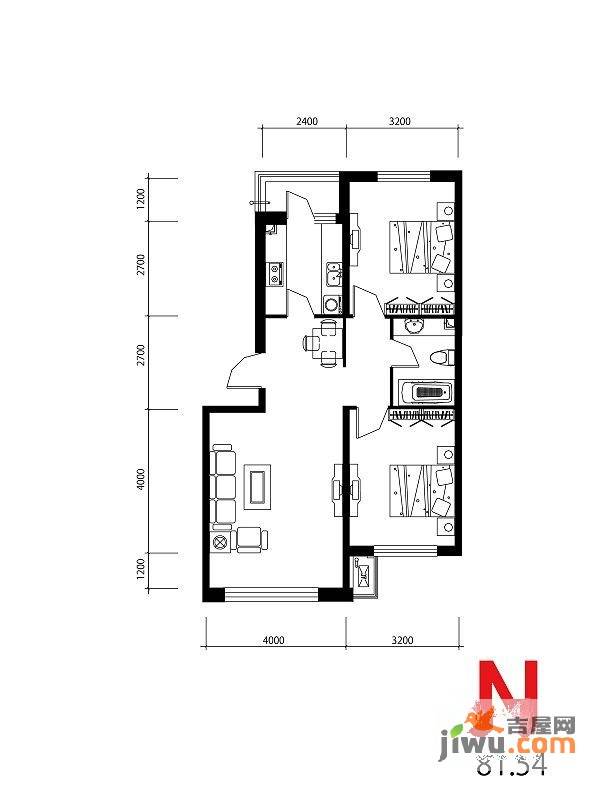 西城逸景2室2厅1卫82.6㎡户型图