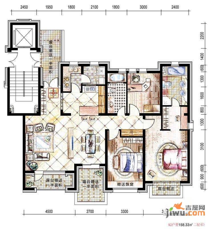 凤凰水城·水郡府2室2厅2卫158.3㎡户型图