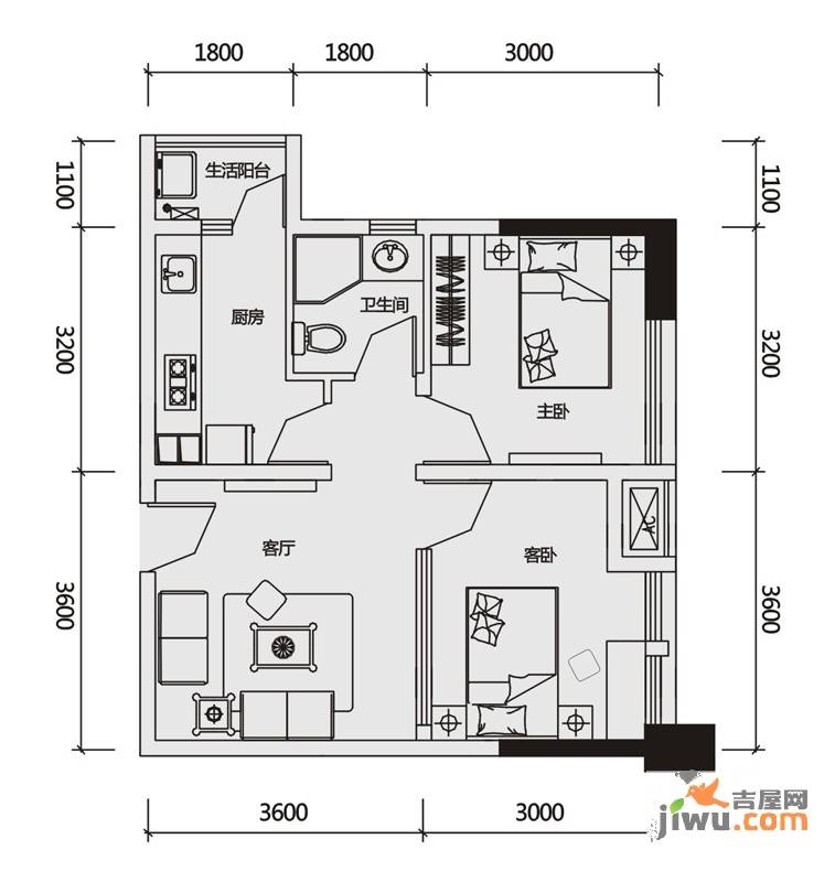 三度空间2室1厅1卫55.1㎡户型图