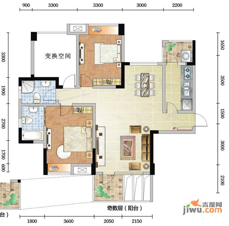 润驰国际广场3室2厅2卫118.3㎡户型图