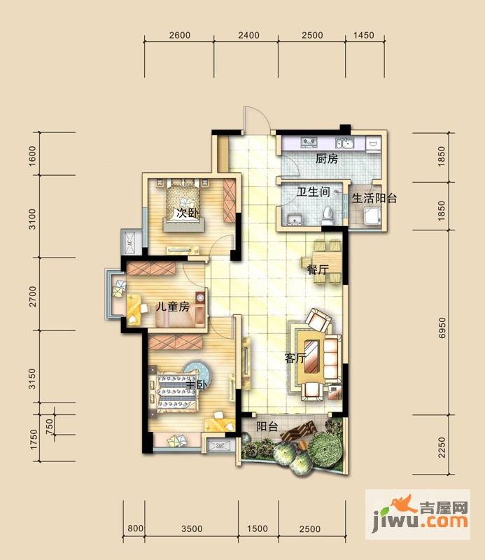 光华国际3室2厅1卫105.4㎡户型图