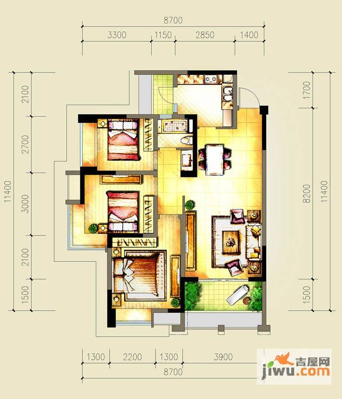 风云琥珀名城3室1厅1卫89㎡户型图