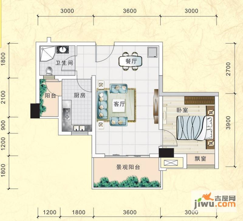 西区银座1室1厅1卫59.7㎡户型图