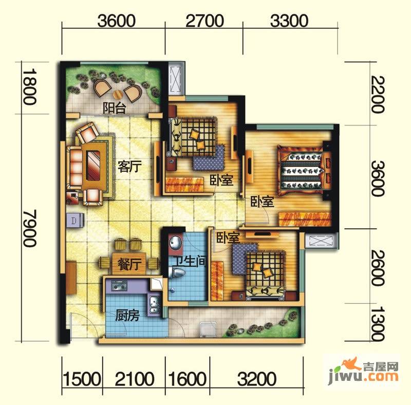 MAX曼城3室2厅1卫93㎡户型图