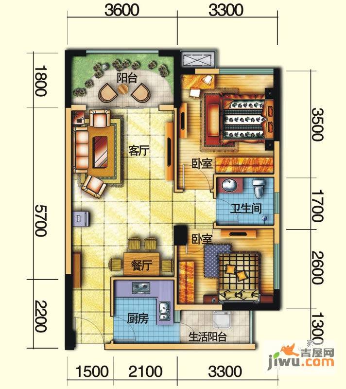 MAX曼城2室2厅1卫74.3㎡户型图