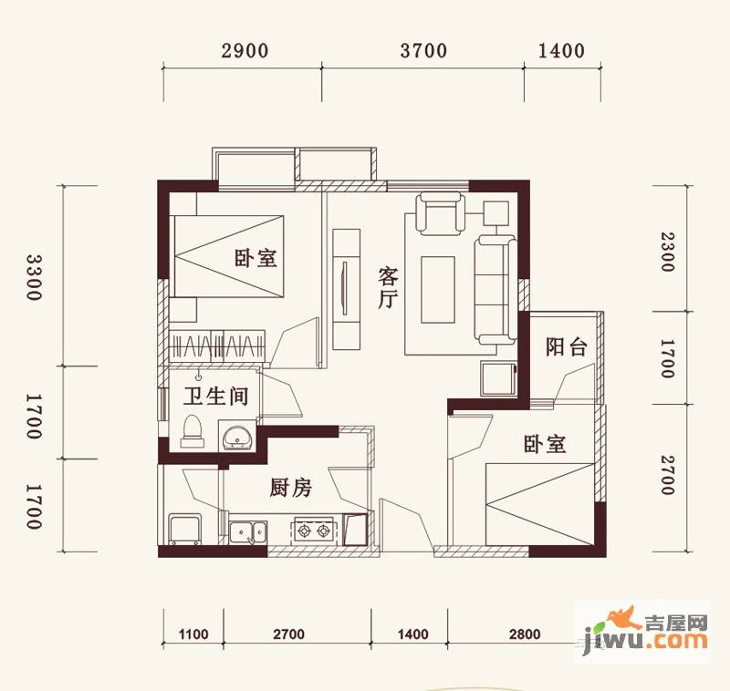 DOlala家2室1厅1卫60.8㎡户型图