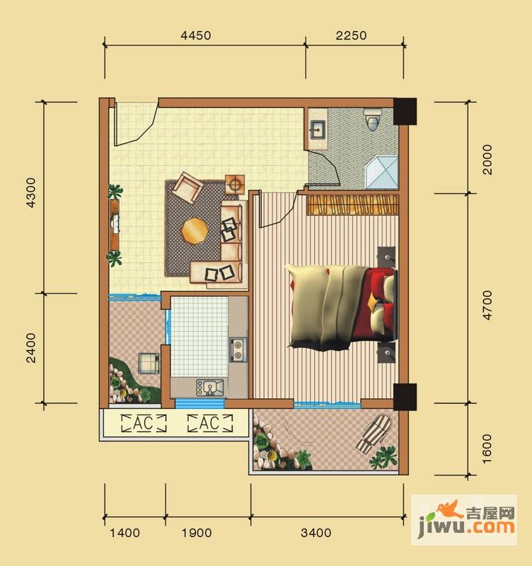 鸿锦汇1室1厅1卫62.4㎡户型图