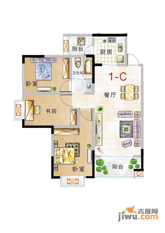 鹭岛之星3室2厅1卫98㎡户型图