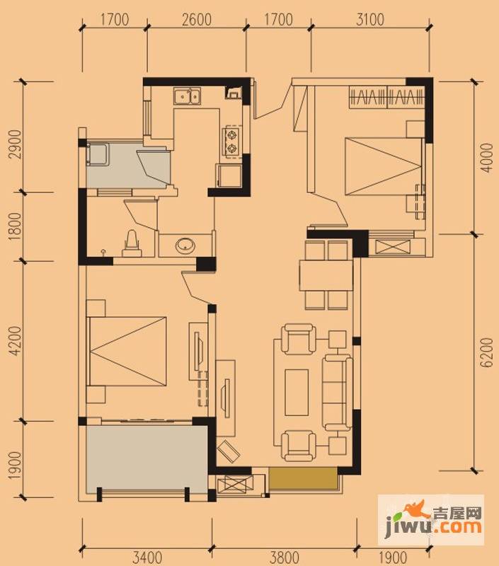 绿地圣路易名邸2室2厅1卫88㎡户型图