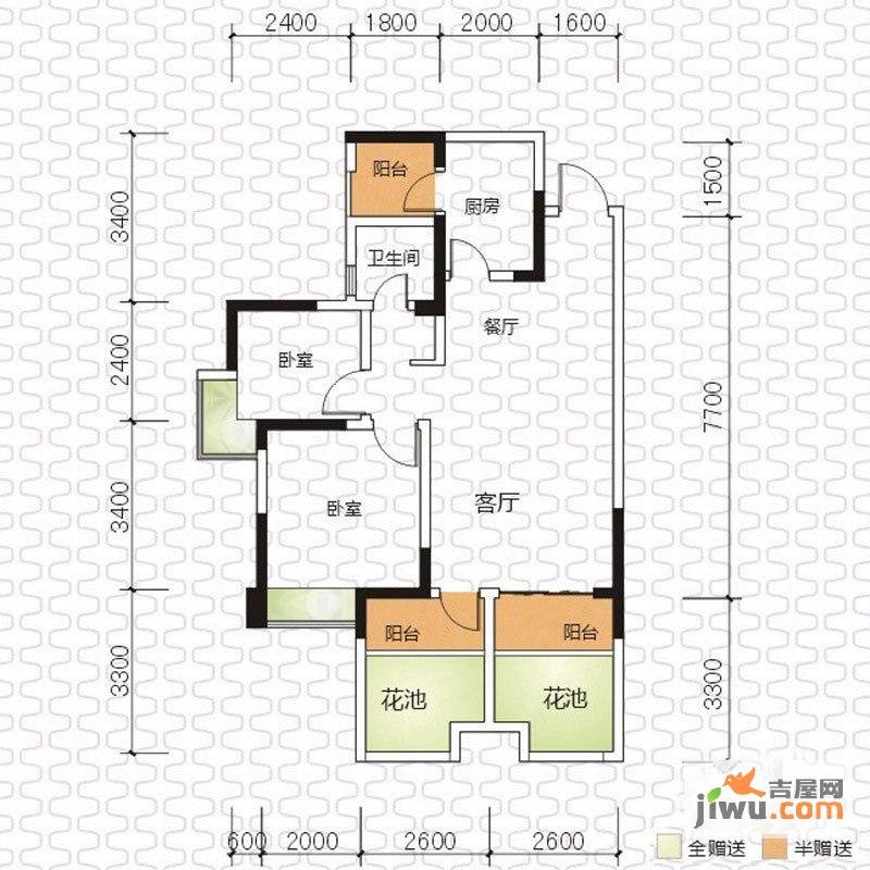 时代水岸康城2室1厅1卫74.9㎡户型图