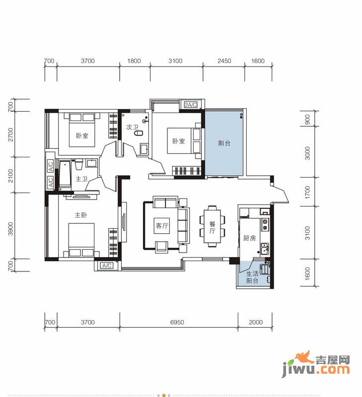 东域龙湾3室2厅2卫123㎡户型图