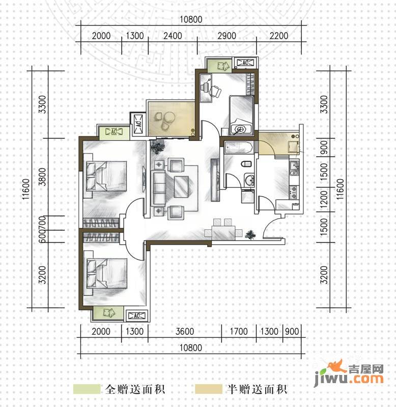 竹林尚书3室2厅1卫91.3㎡户型图