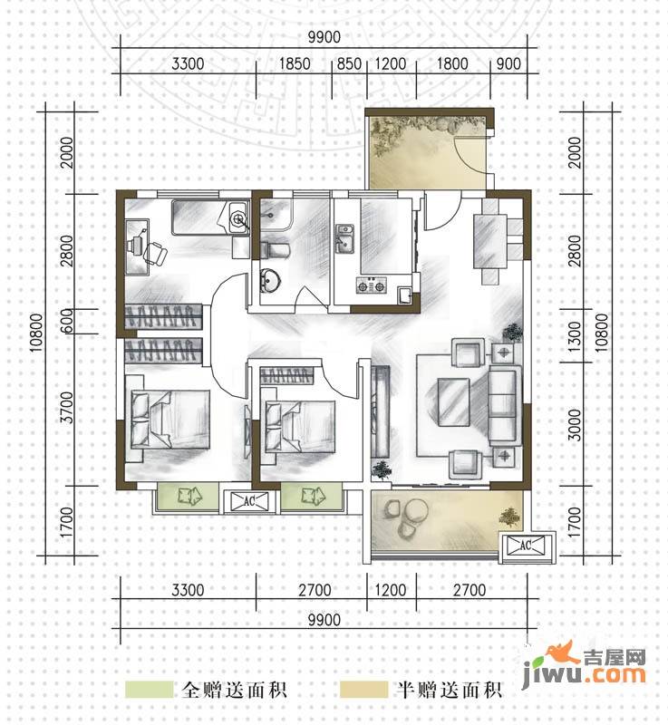 竹林尚书3室2厅1卫92㎡户型图