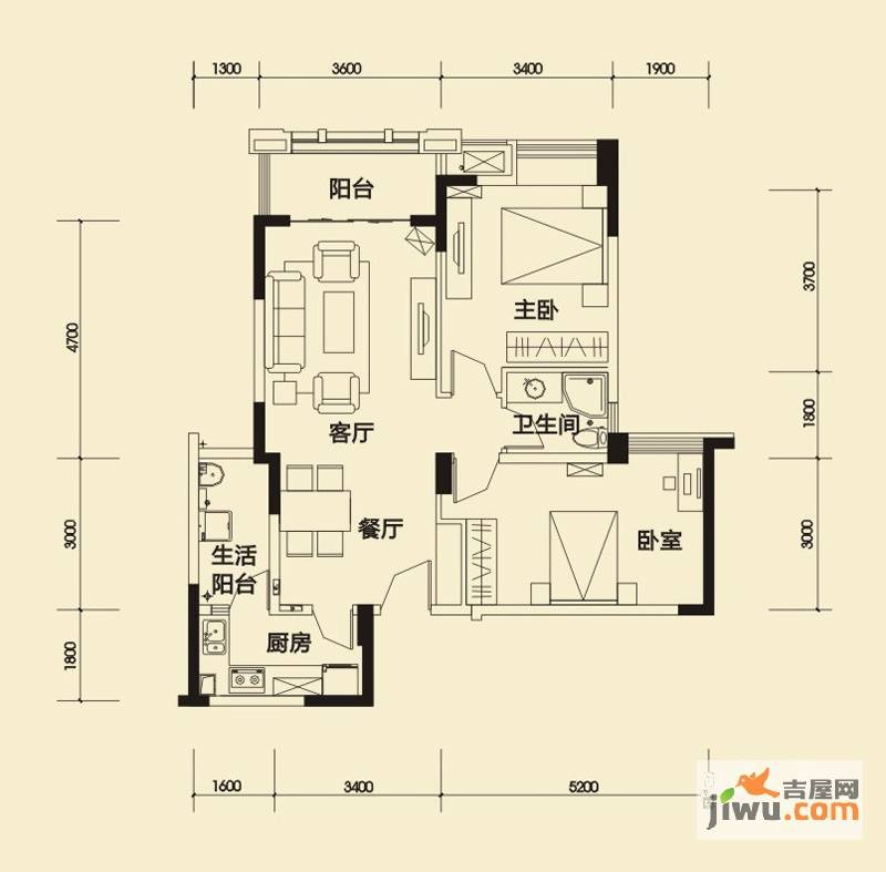 中海锦城一期2室2厅1卫84㎡户型图