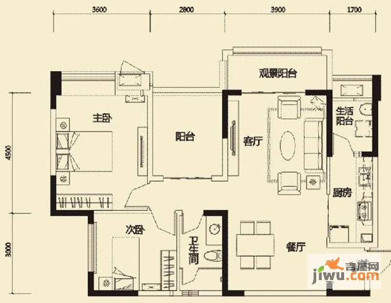 中海锦城一期2室2厅1卫93㎡户型图